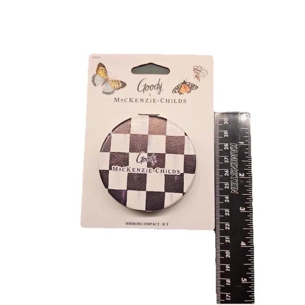 Mackenzie Childs Goody Mirror Compact New Black And White Courtly Checks